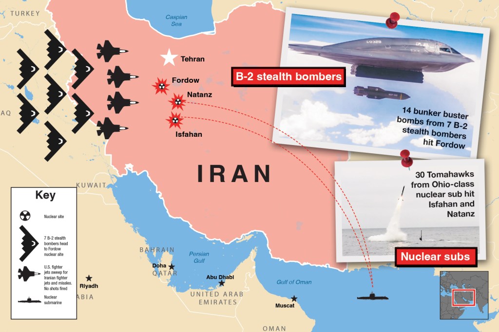 Illustration of a map showing B-2 bombers and a nuclear submarine attacking Iranian nuclear sites.