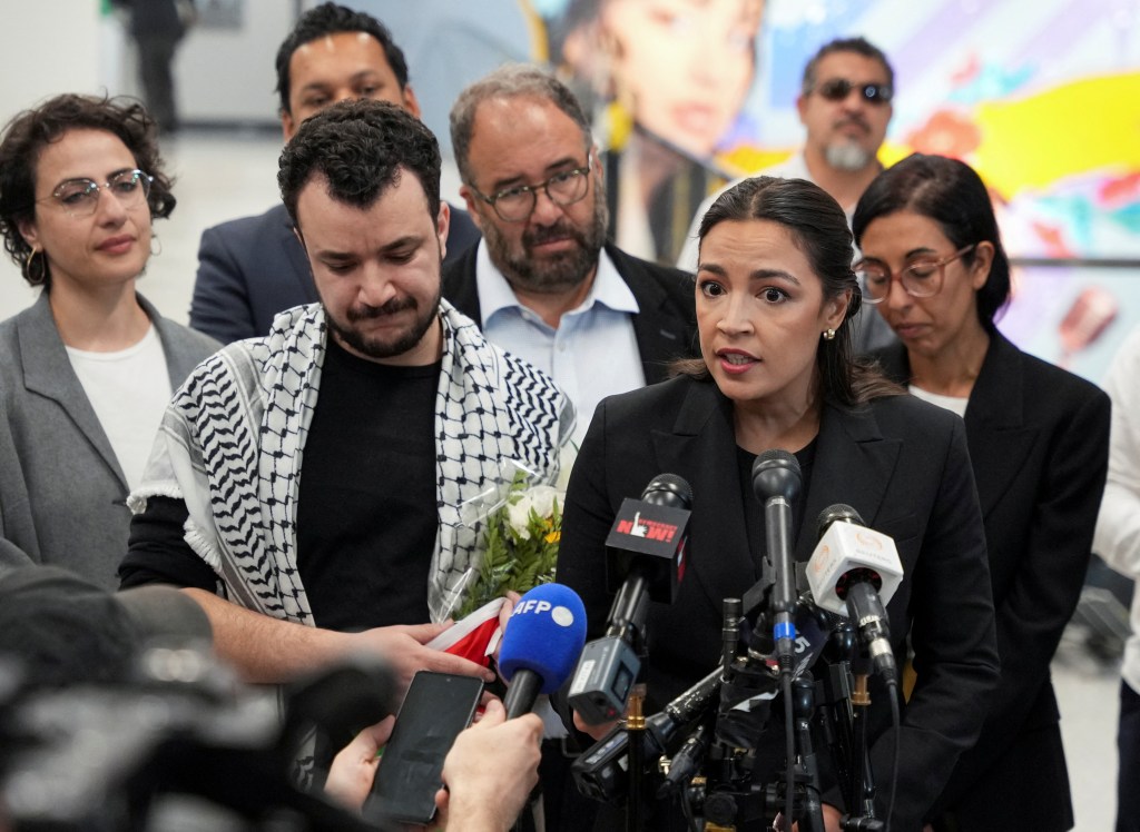 Alexandria Ocasio-Cortez speaks at a press conference with Mahmoud Khalil, a pro-Palestinian activist, following his release from immigration custody.