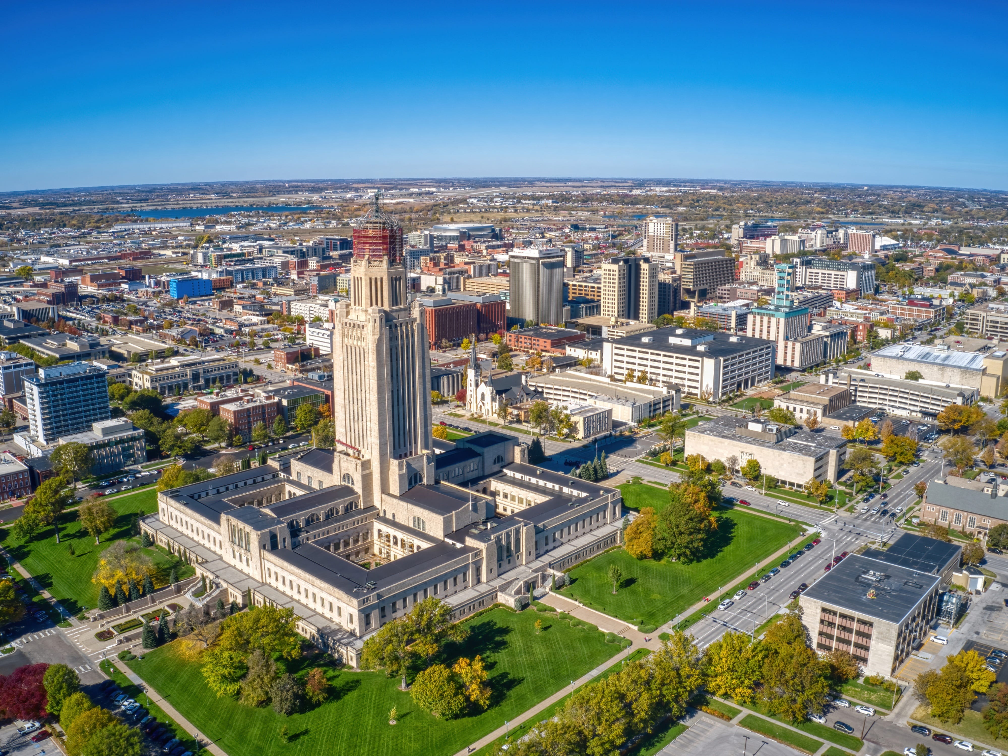 Aerial View of Lincoln, Nebraska, in Autumn.