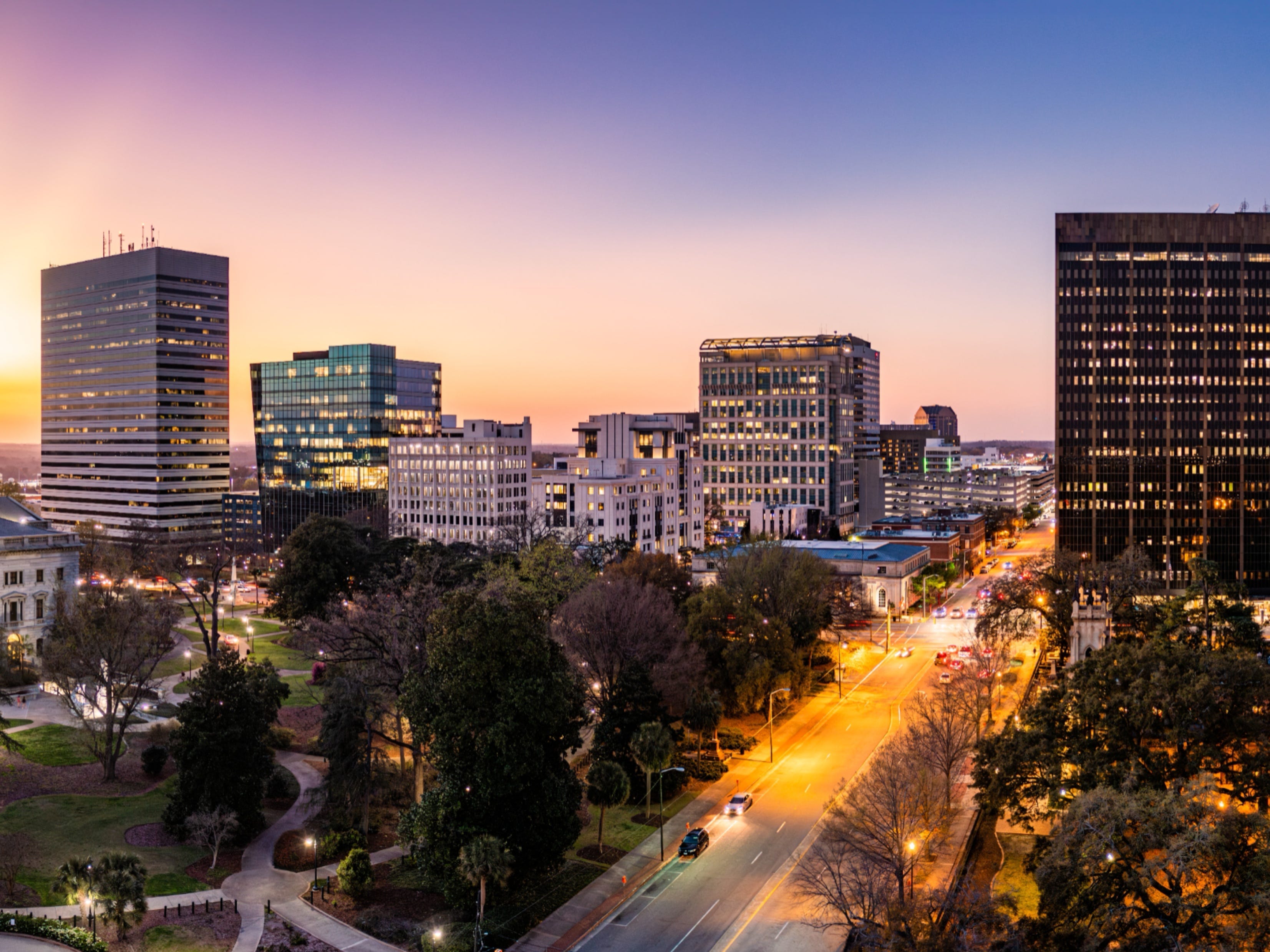 Aerial view of the South Carolina skyline at dusk in Columbia, SC.