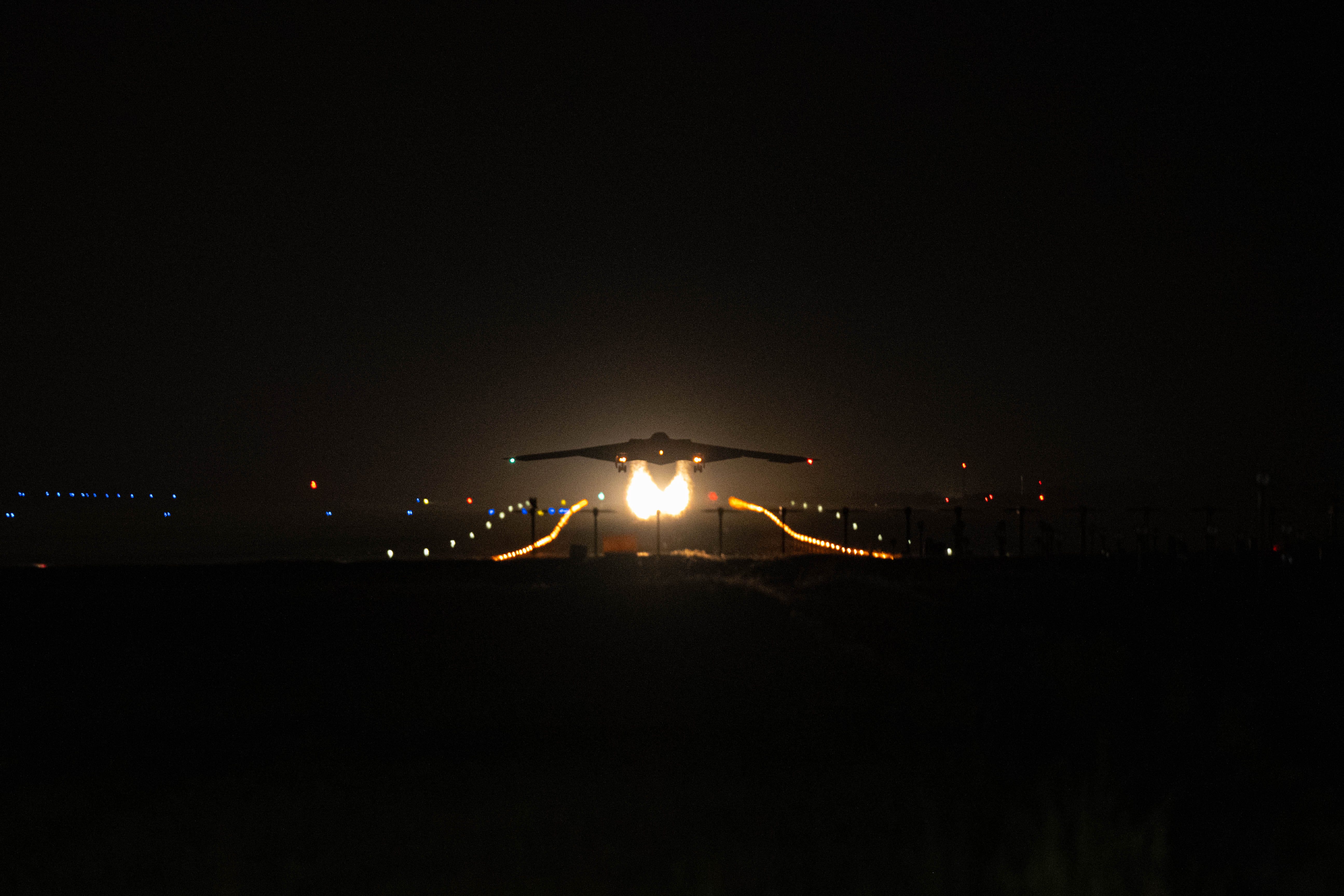 A US Air Force B-2 Spirit takes off to support Operation MIDNIGHT HAMMER at Whiteman Air Force Base, Missouri, June 2025.
