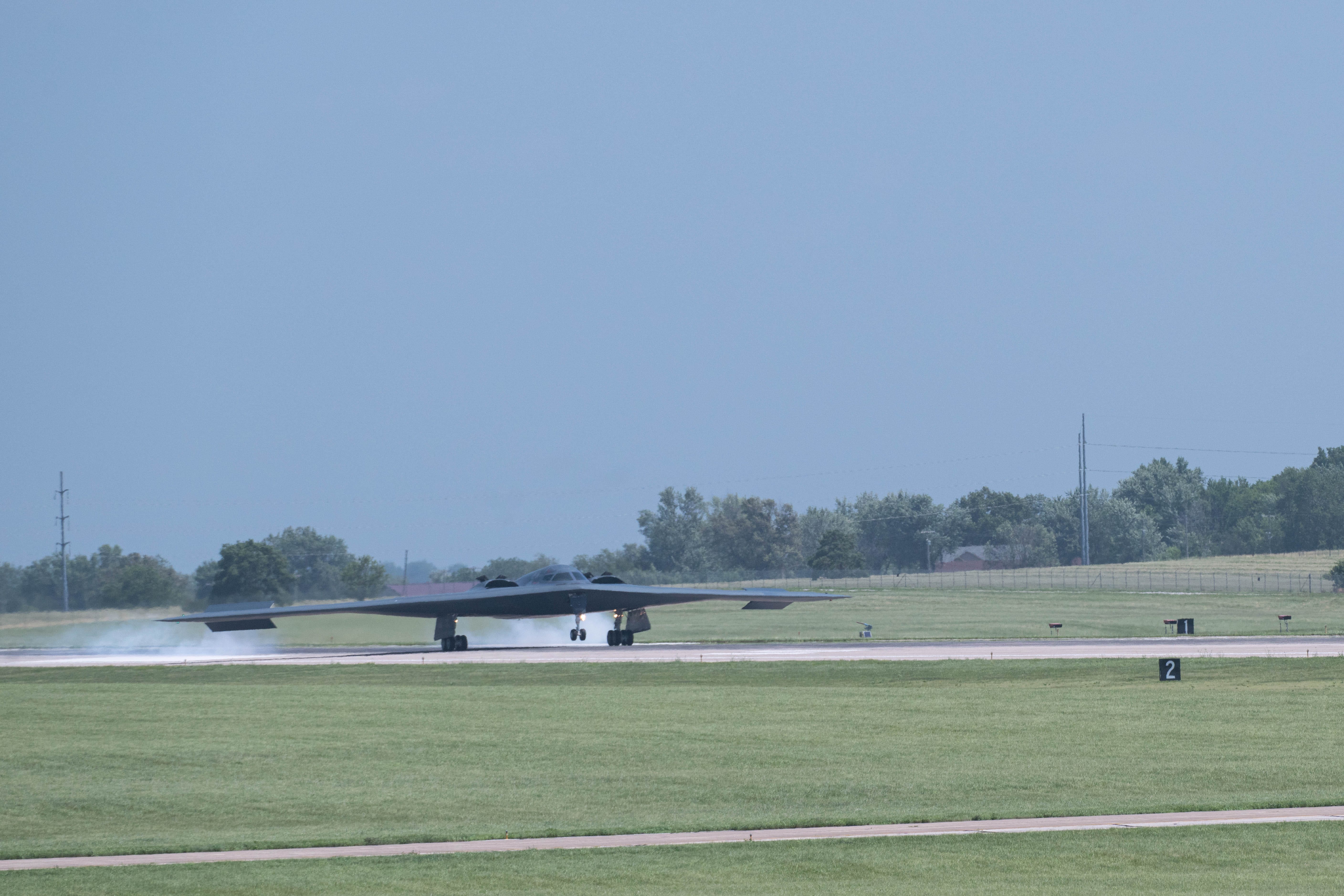 A US Air Force B-2 Spirit lands after supporting Operation MIDNIGHT HAMMER at Whiteman Air Force Base, Missouri, June 2025.