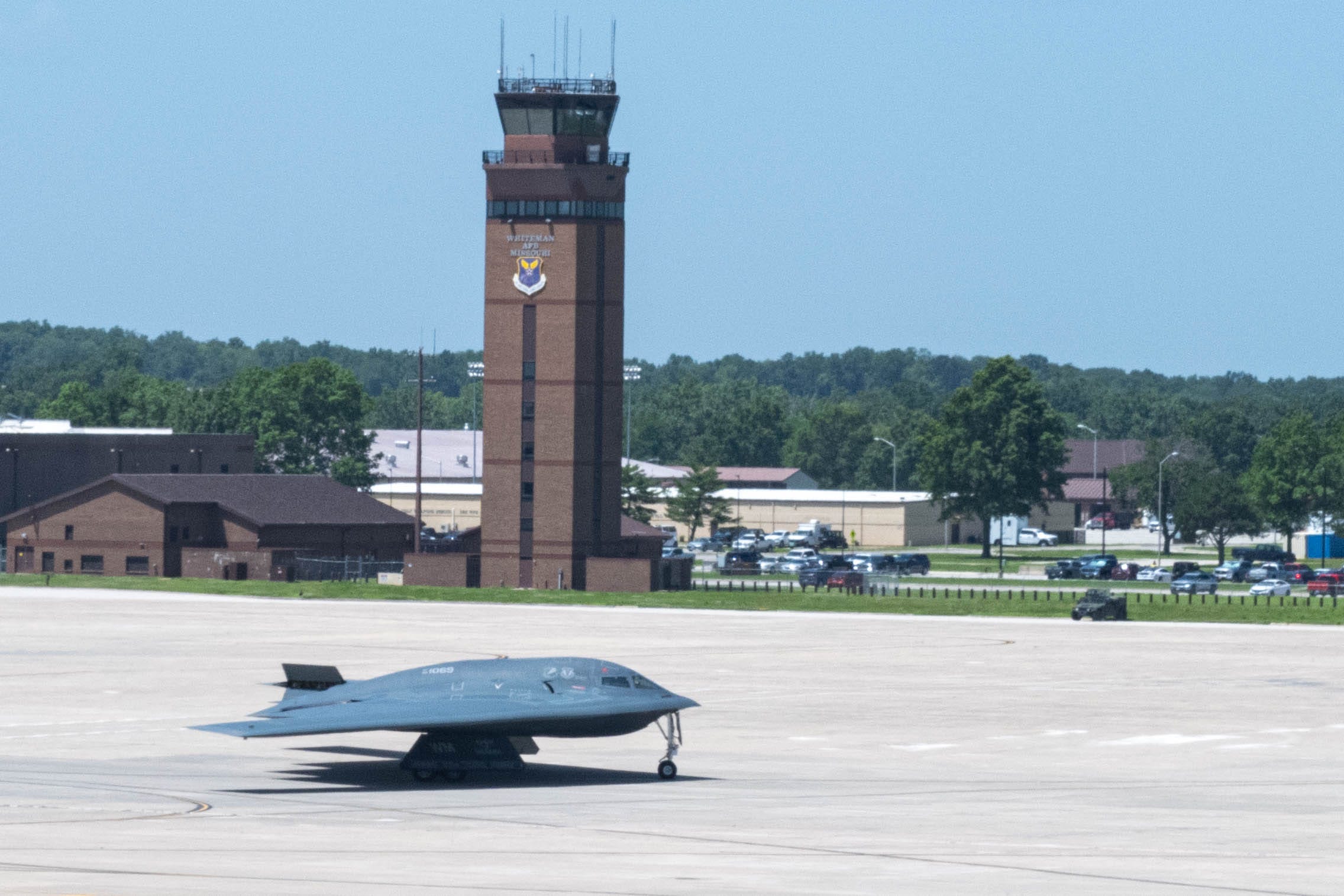 A US Air Force B-2 Spirit is recovered after supporting Operation MIDNIGHT HAMMER at Whiteman Air Force Base, Missouri, June 2025.