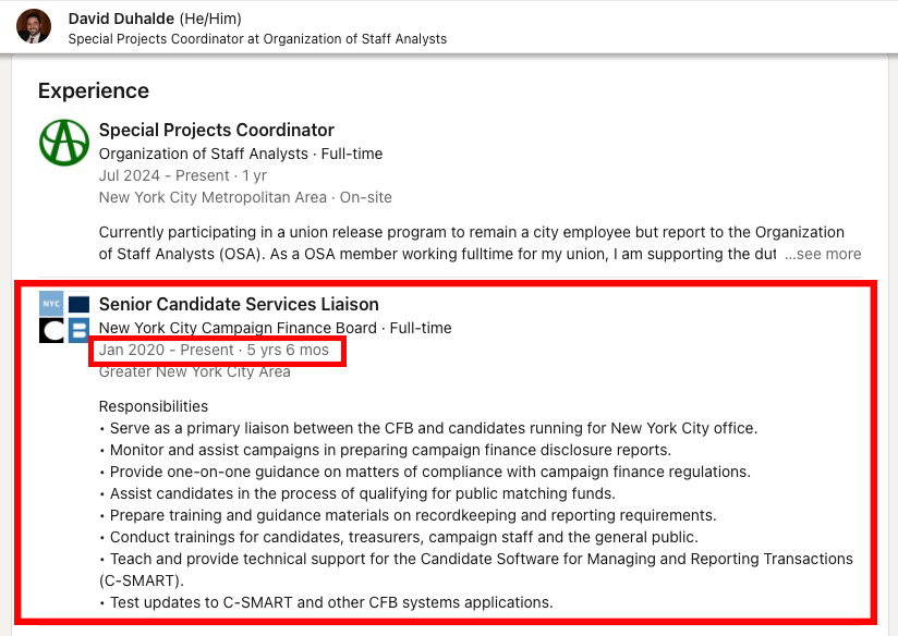 Screenshot of David Duhalde's LinkedIn profile, highlighting his experience as Senior Candidate Services Liaison.