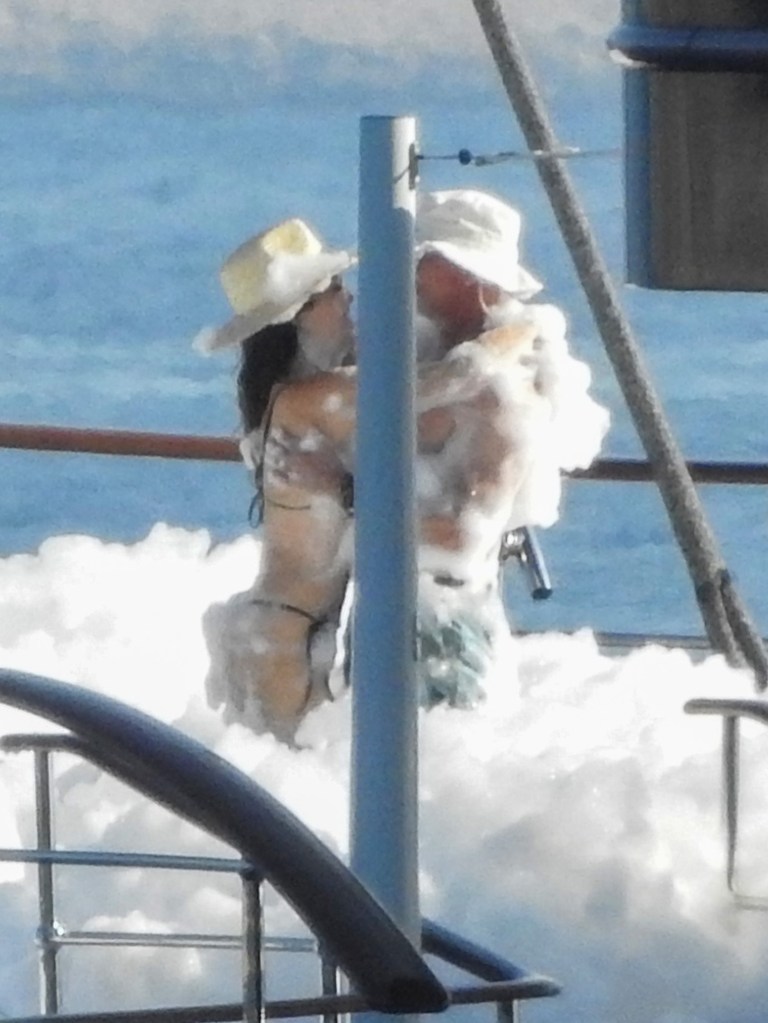 Jeff Bezos and Lauren Sánchez at a foam party on his yacht in Europe Sunday while celebrating Evan's 19th birthday. 