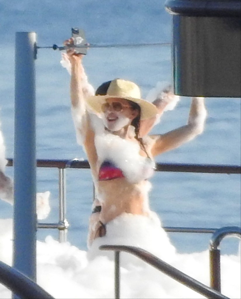 Lauren Sánchez at a foam party on Bezos' yacht in Europe Sunday while celebrating Evan's 19th birthday. 