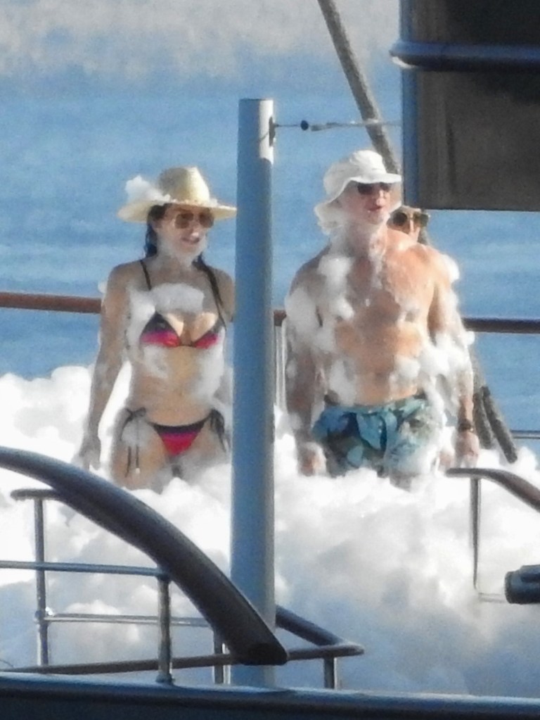 Jeff Bezos and Lauren Sánchez at a foam party on his yacht in Europe Sunday while celebrating Evan's 19th birthday. 