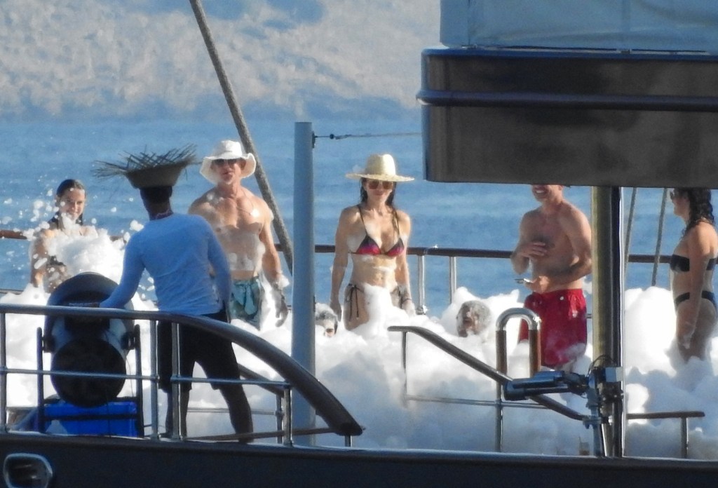 Jeff Bezos and Lauren Sánchez at a foam party on his yacht in Europe Sunday while celebrating Evan's 19th birthday. 