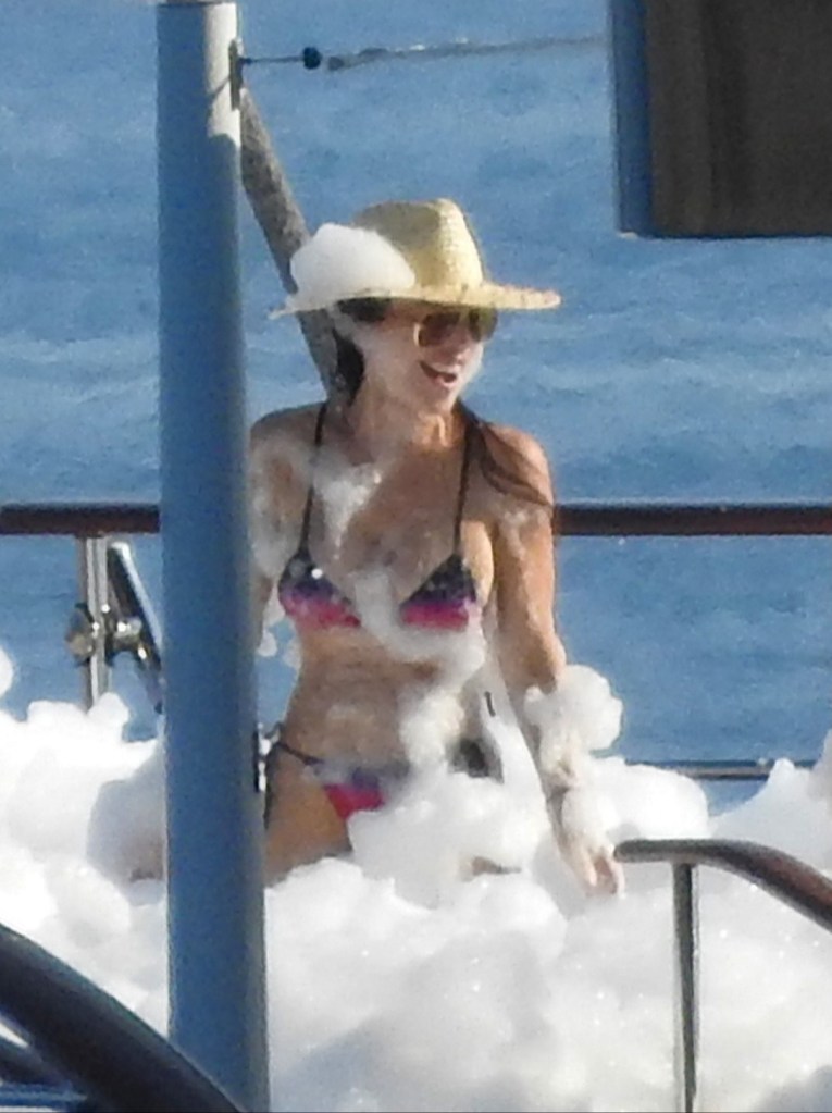 Lauren Sánchez at a foam party on Bezos' yacht in Europe Sunday while celebrating Evan's 19th birthday. 