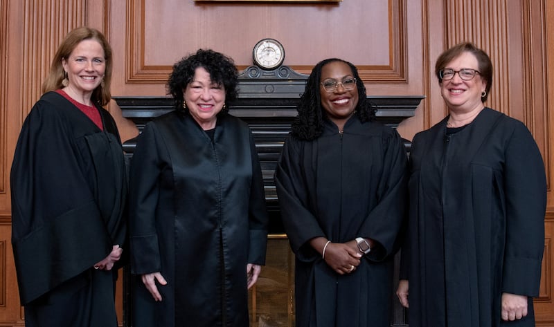 The four women serving as Associate Justices on the U.S. Supreme Court; Justice Amy Coney Barrett, Justice Sonia Sotomayor, Justice Ketanji Brown Jackson and Justice Elena Kagan.