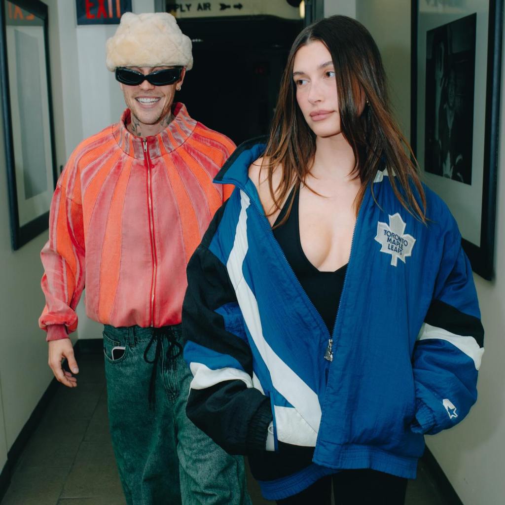 Justin and Hailey Bieber walking.