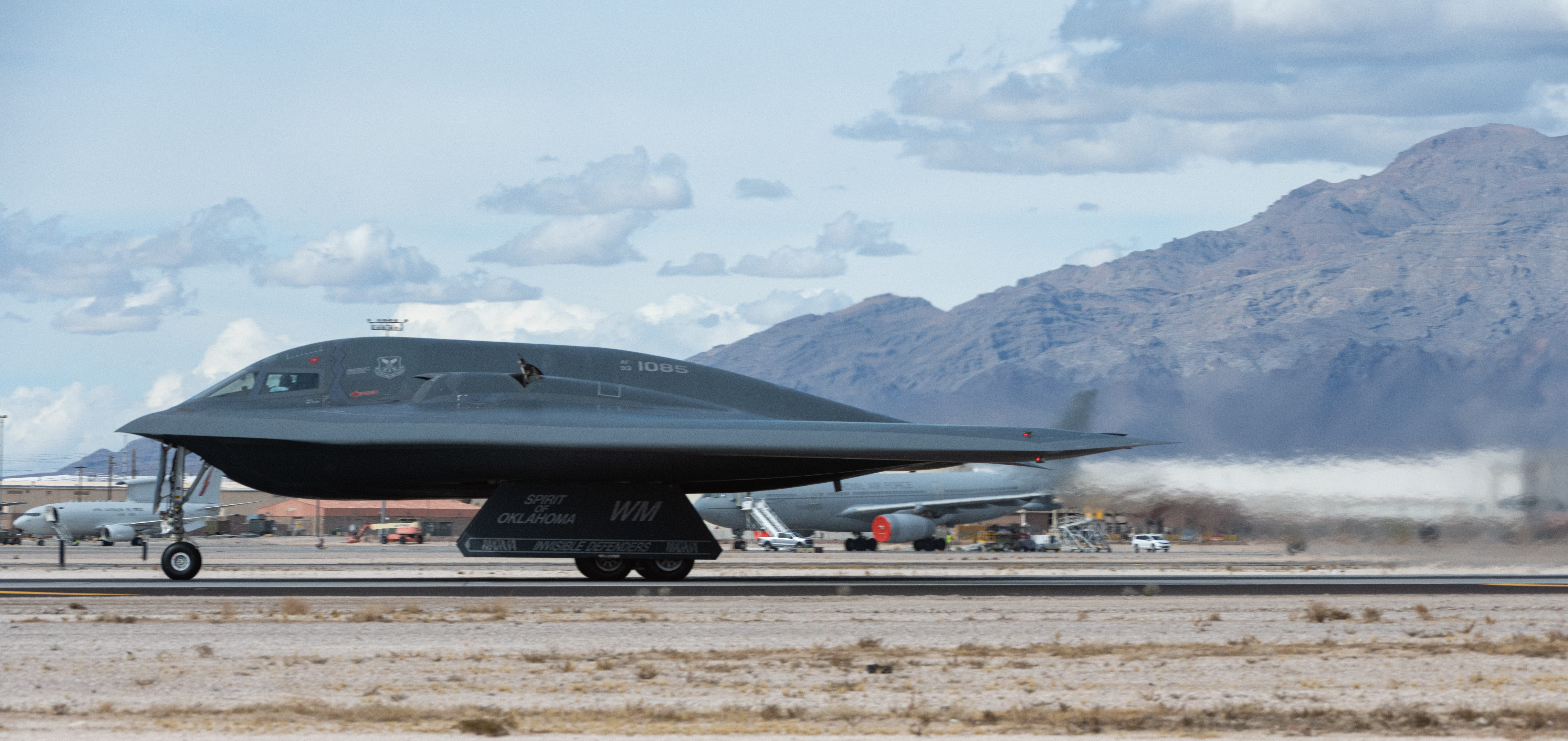 A B-2 Spirit Stealth Bomber takes off during Exercise Bamboo Eagle on Nellis Air Force Base, Nevada, Feb. 14, 2025.