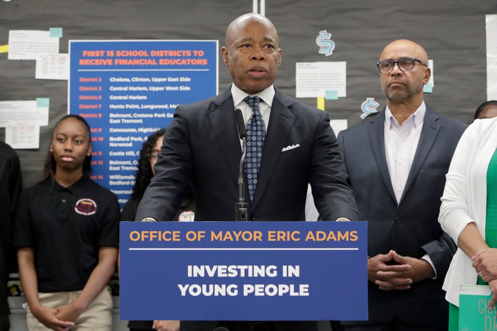 Mayor Eric Adams at a press conference on financial literacy for youth in NYC schools.