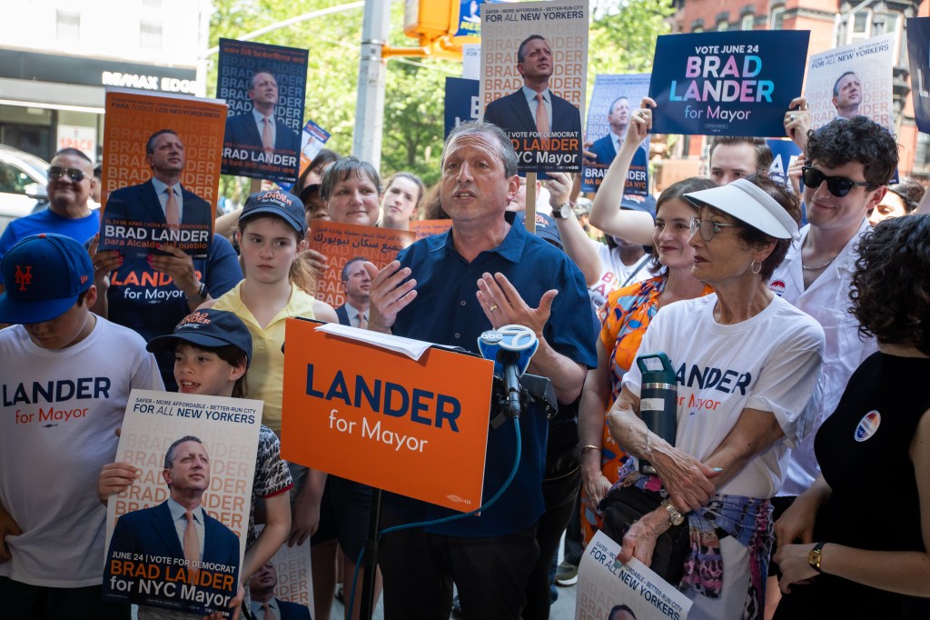 Brad Lander, NYC mayoral candidate, speaks at a press conference after voting in the Democratic primary.