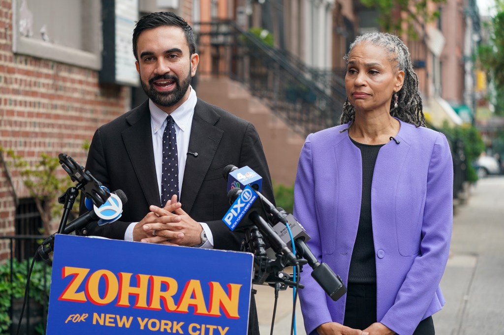 Maya Wiley endorsing NYC mayoral candidate Zohran Mamdani at a press conference.