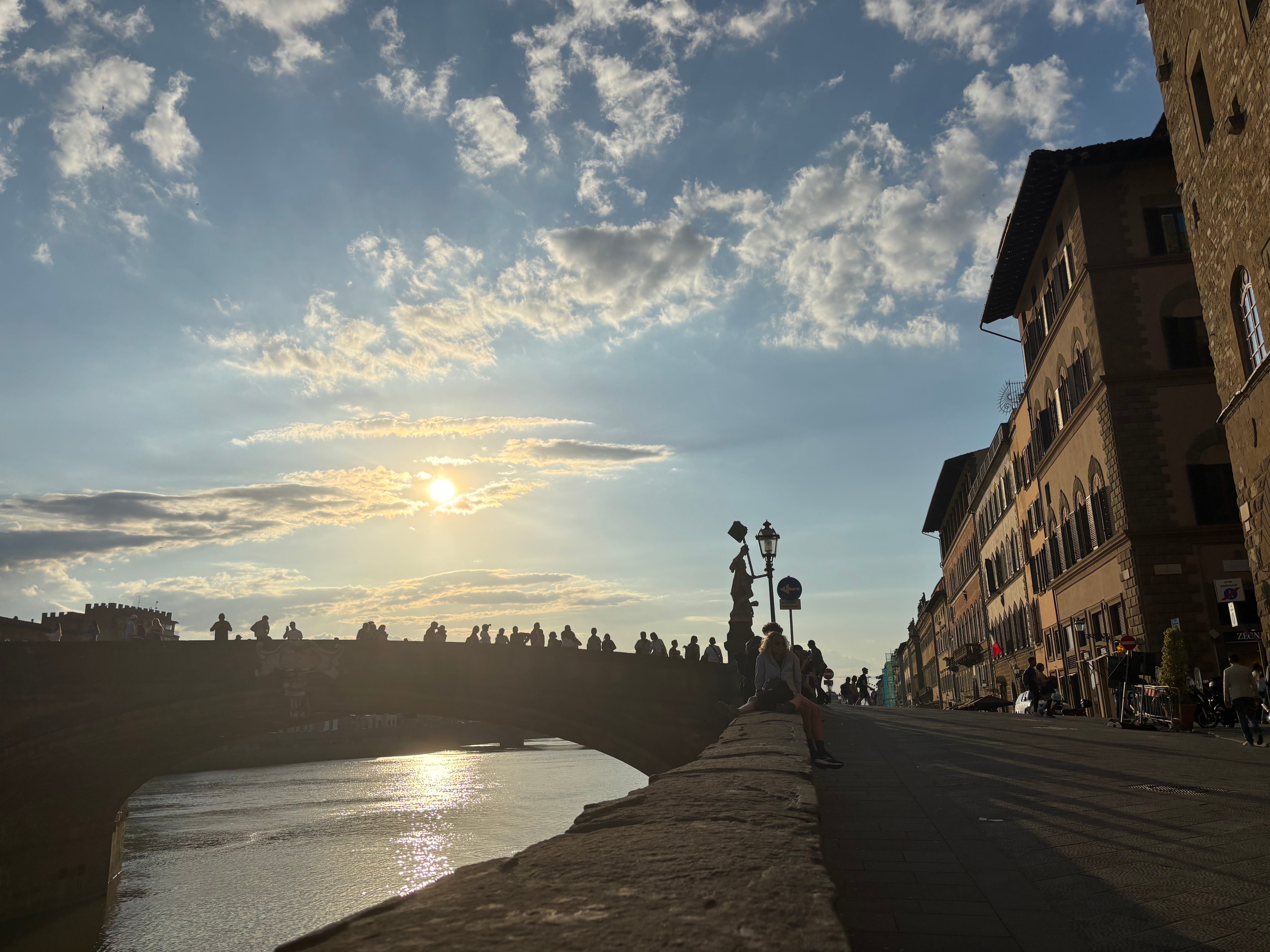 The author's view of the Ponte Santa Trinita at sunset. Lots of people were on the bridge.