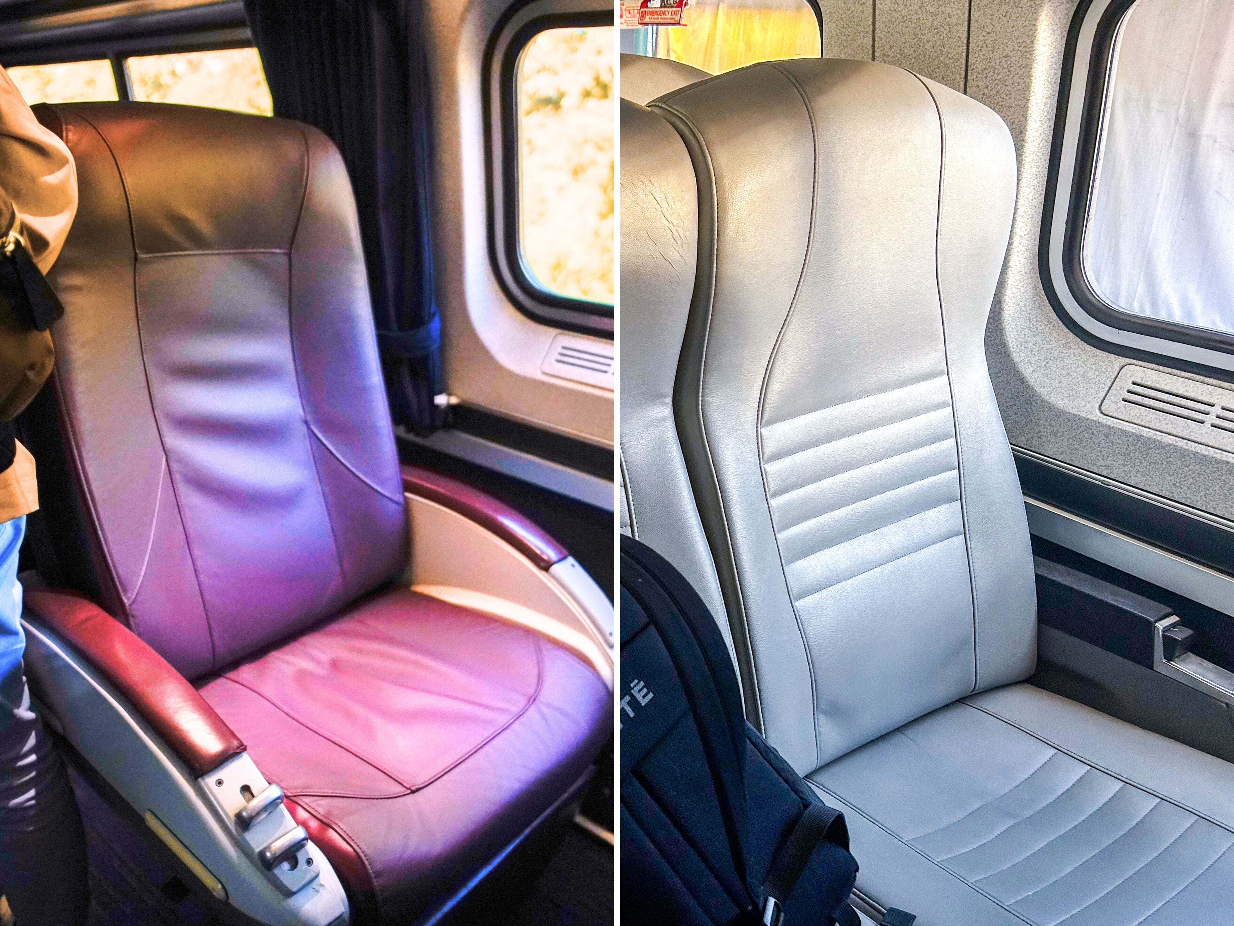 A composite image of business and coach class seats on an Amtrak train