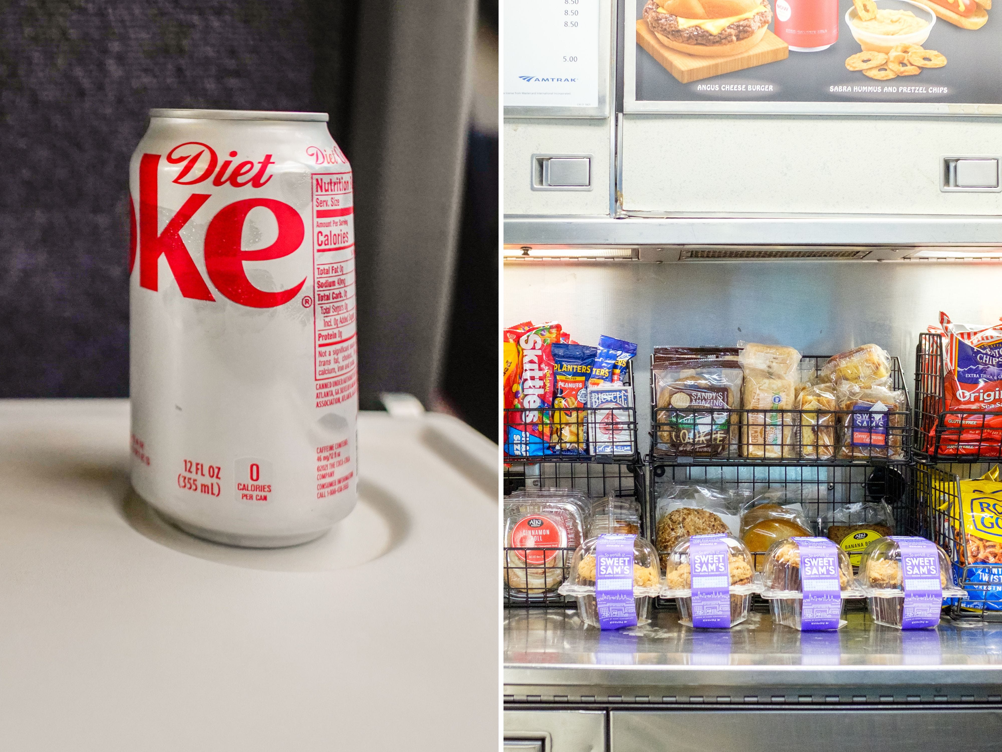 A composite image o a Diet Coke can on a tray table and a snack counter on an Amtrak train