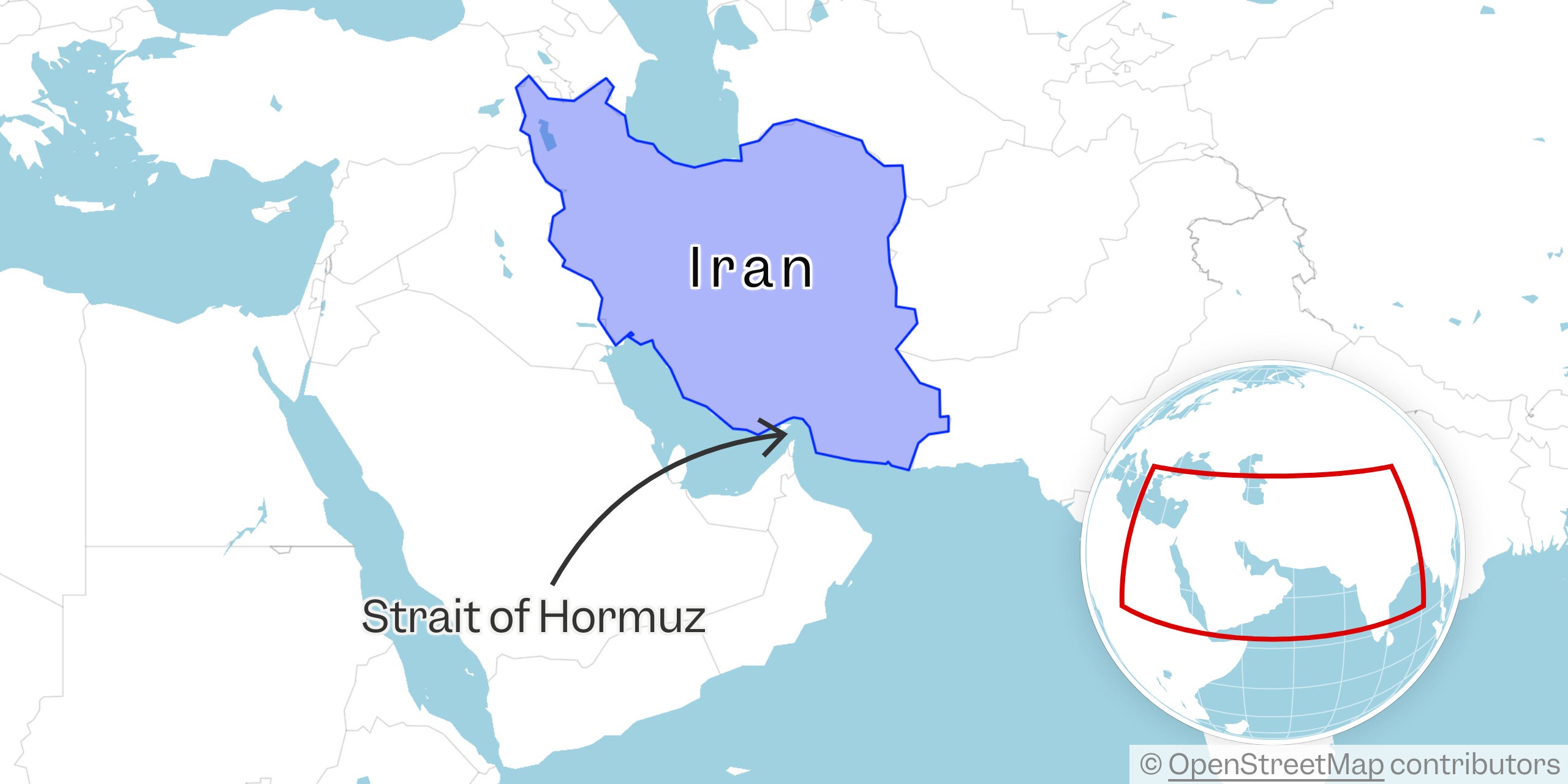 A map showing the location of the Strait of Hormuz and Iran.
