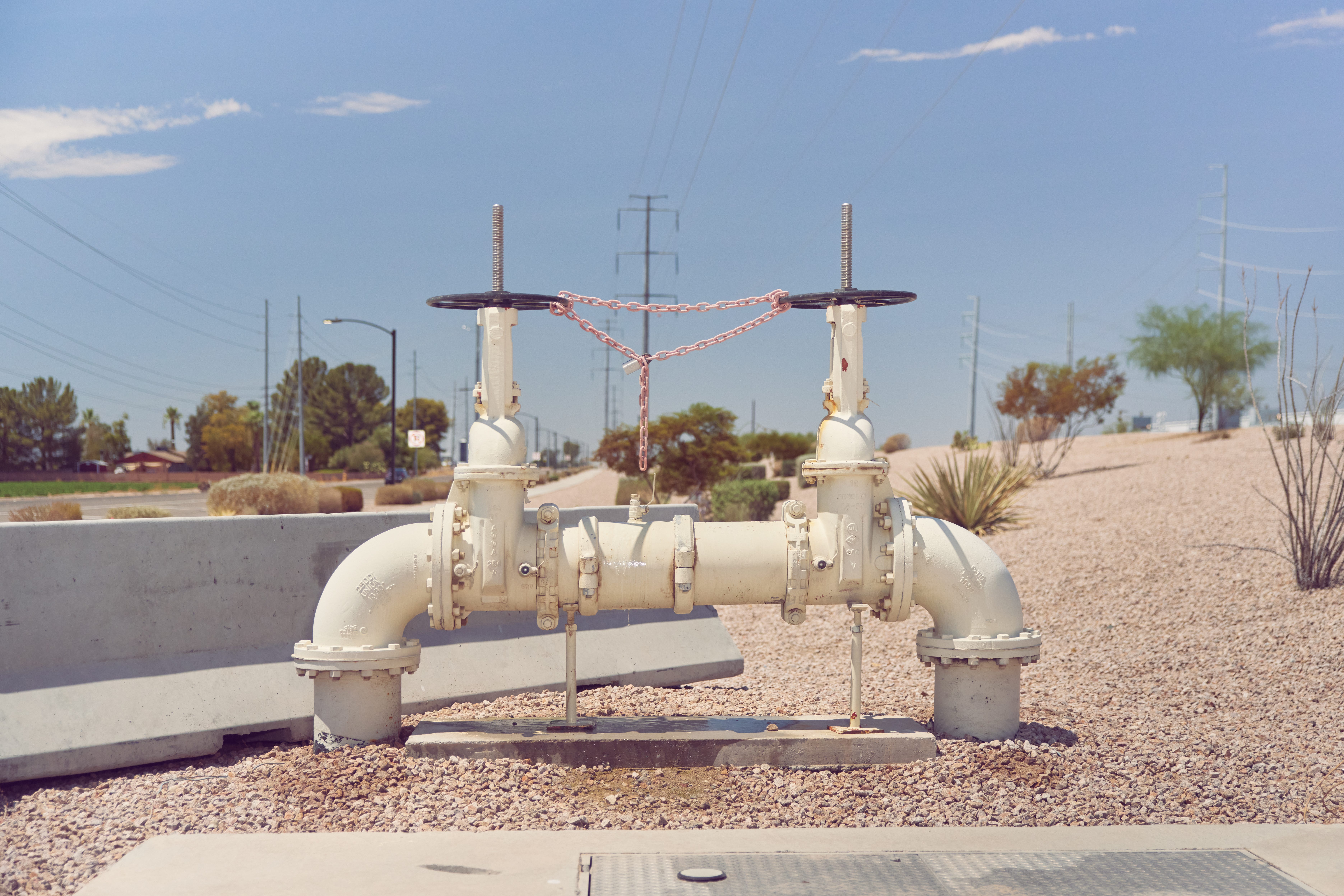 Close-up of a water control valve system.