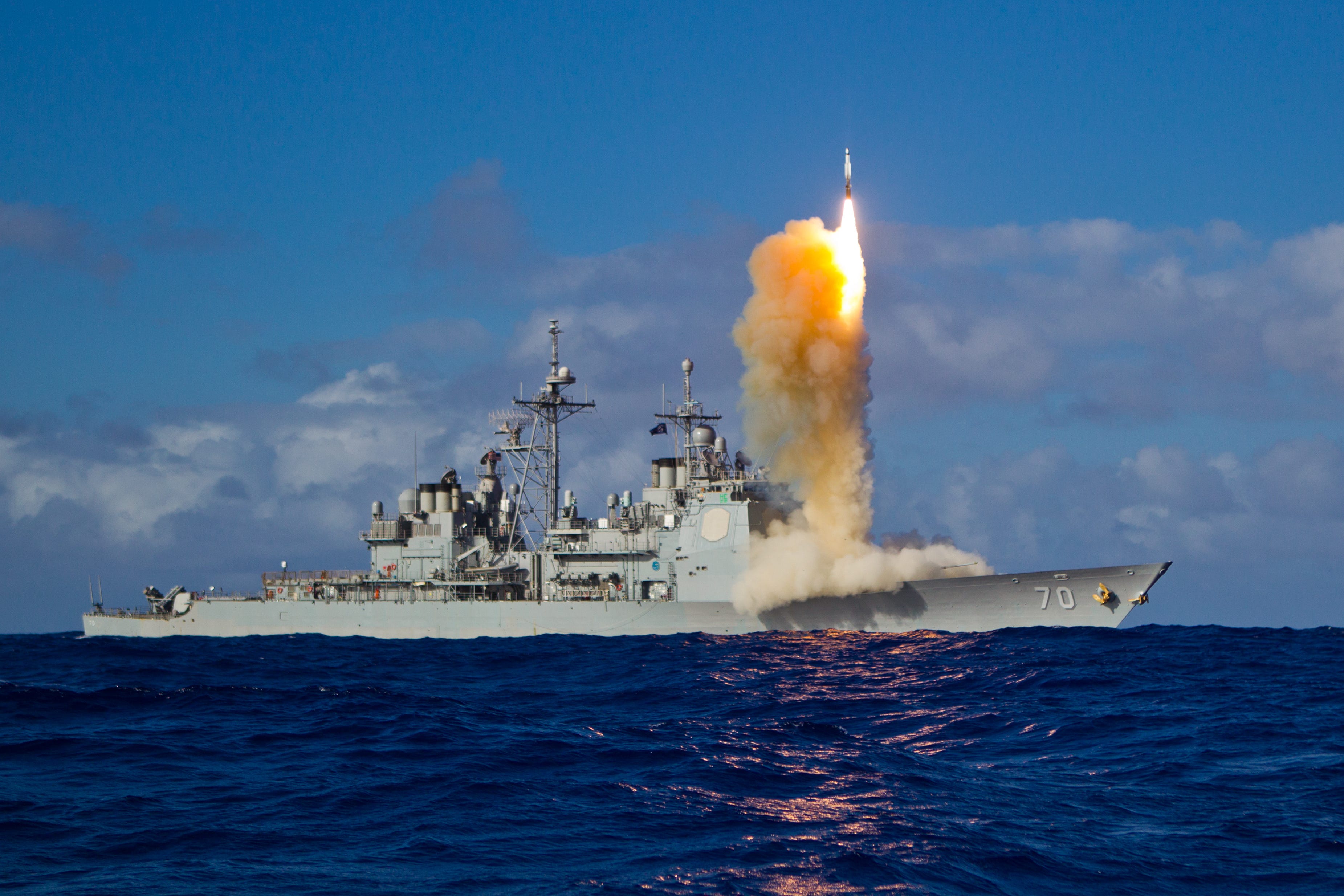 An SM-3 Block 1B interceptor missile is launched from the guided-missile cruiser USS Lake Erie during a Missile Defense Agency and US Navy test in the Pacific Ocean.