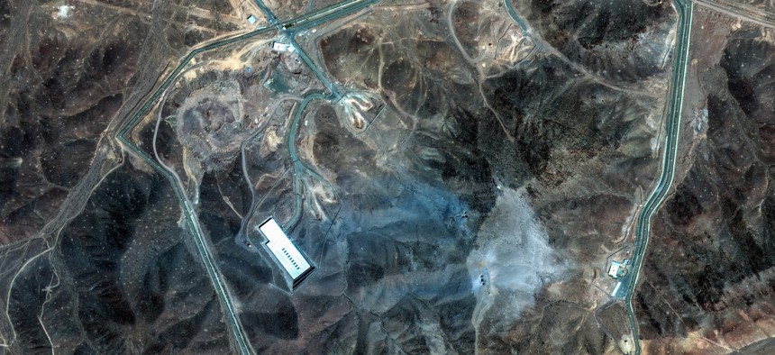 A Maxar Satellite image shows above-ground damage at Iran's Fordow nuclear complex after U.S. airstrikes on June 22, 2025.