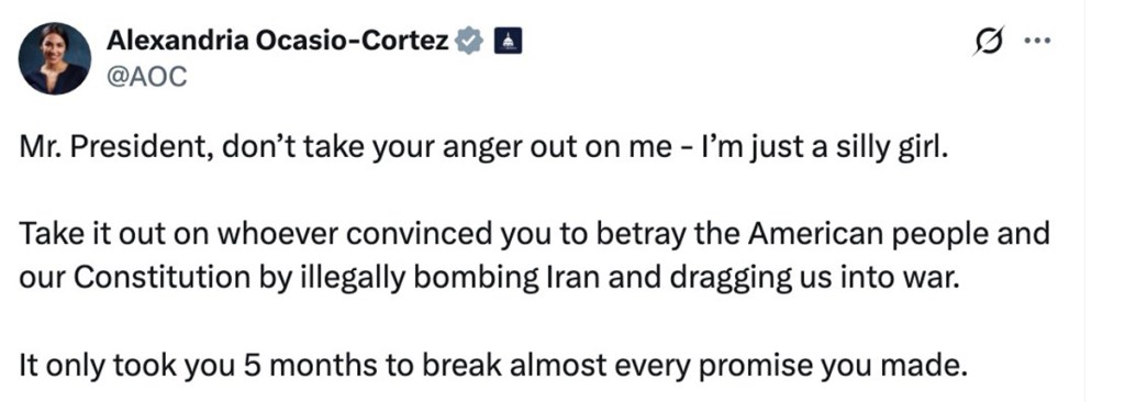 Screenshot of Alexandria Ocasio-Cortez's tweet criticizing the President.