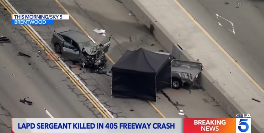 Aerial view of a fatal car crash on the 405 freeway.