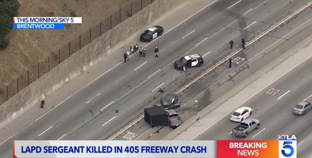 Aerial view of a fatal freeway crash involving an LAPD sergeant.