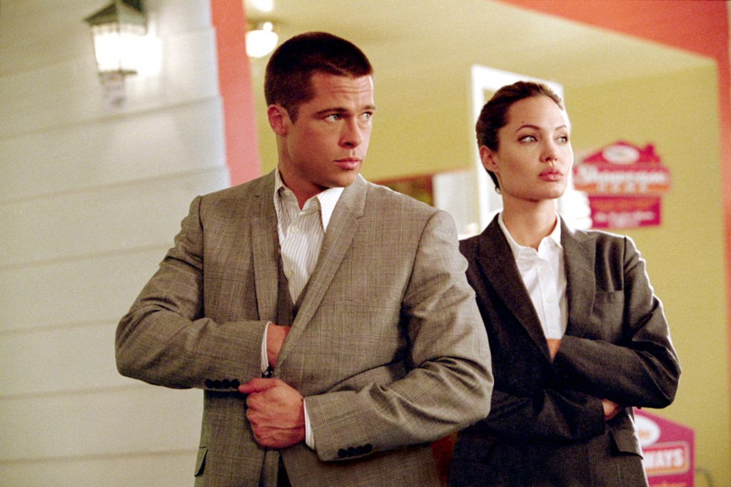 Brad Pitt and Angelina Jolie pose together.