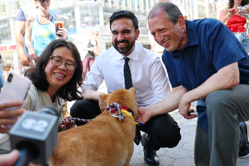 Mamdani out greeting voters with Comptroller Brad Lander on primary day in Manhattan on June 24, 2025.