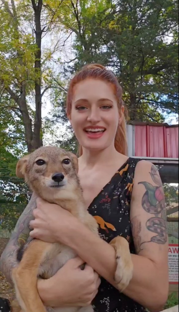 Woman holding a fox pup.