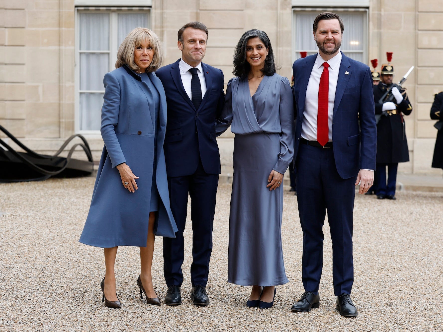 Emmanuel Macron, Brigitte Macron, Usha Vance, and JD Vance in France in February 2025.