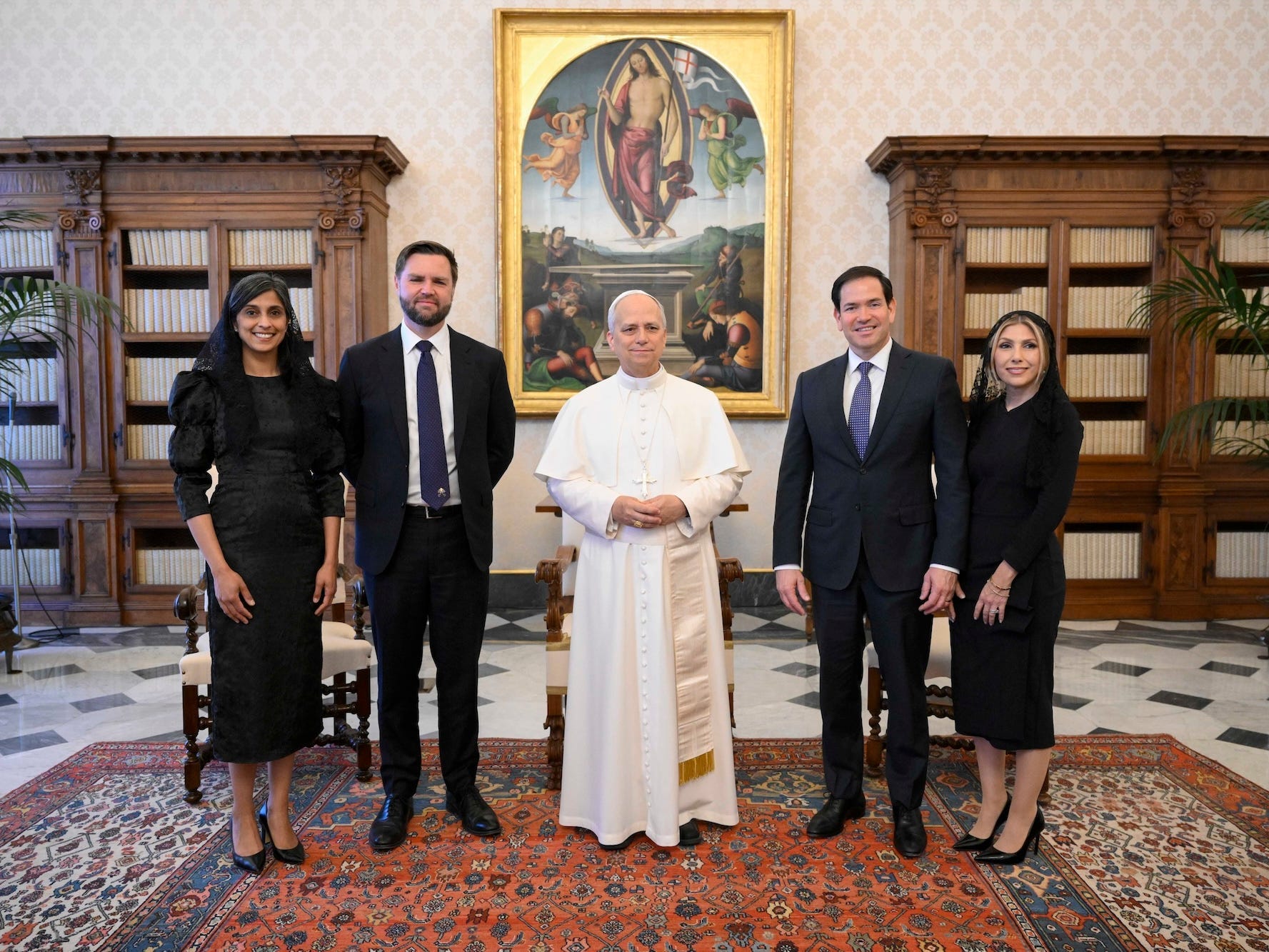 JD Vance, Usha Vance, Marco Rubio and Jeanette Dousdebes Rubio meet Pope Leo XIV in May 2025.