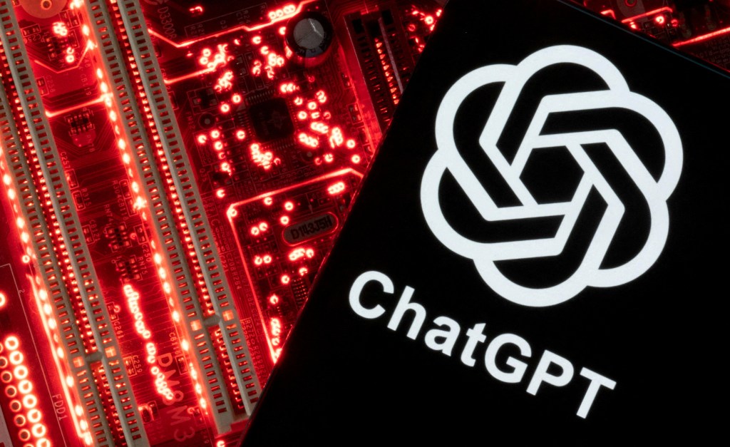 Illustration of the ChatGPT logo on a computer circuit board.