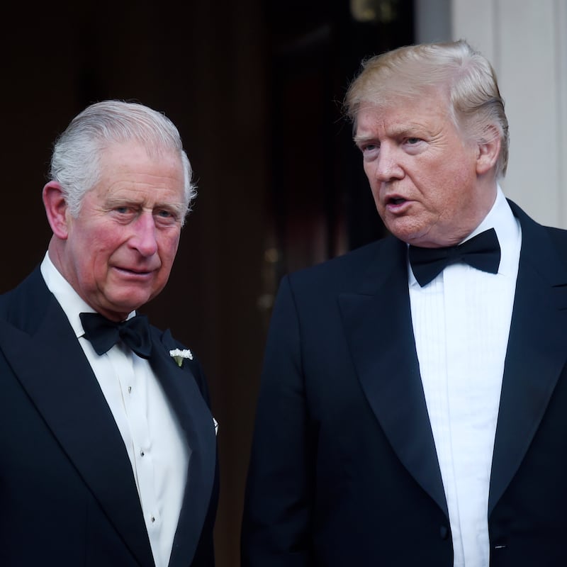 LONDON, ENGLAND - JUNE 04: US President Donald Trump and Prince Charles, Prince of Wales pose ahead of a dinner at Winfield House on June 04, 2019 in London, England.