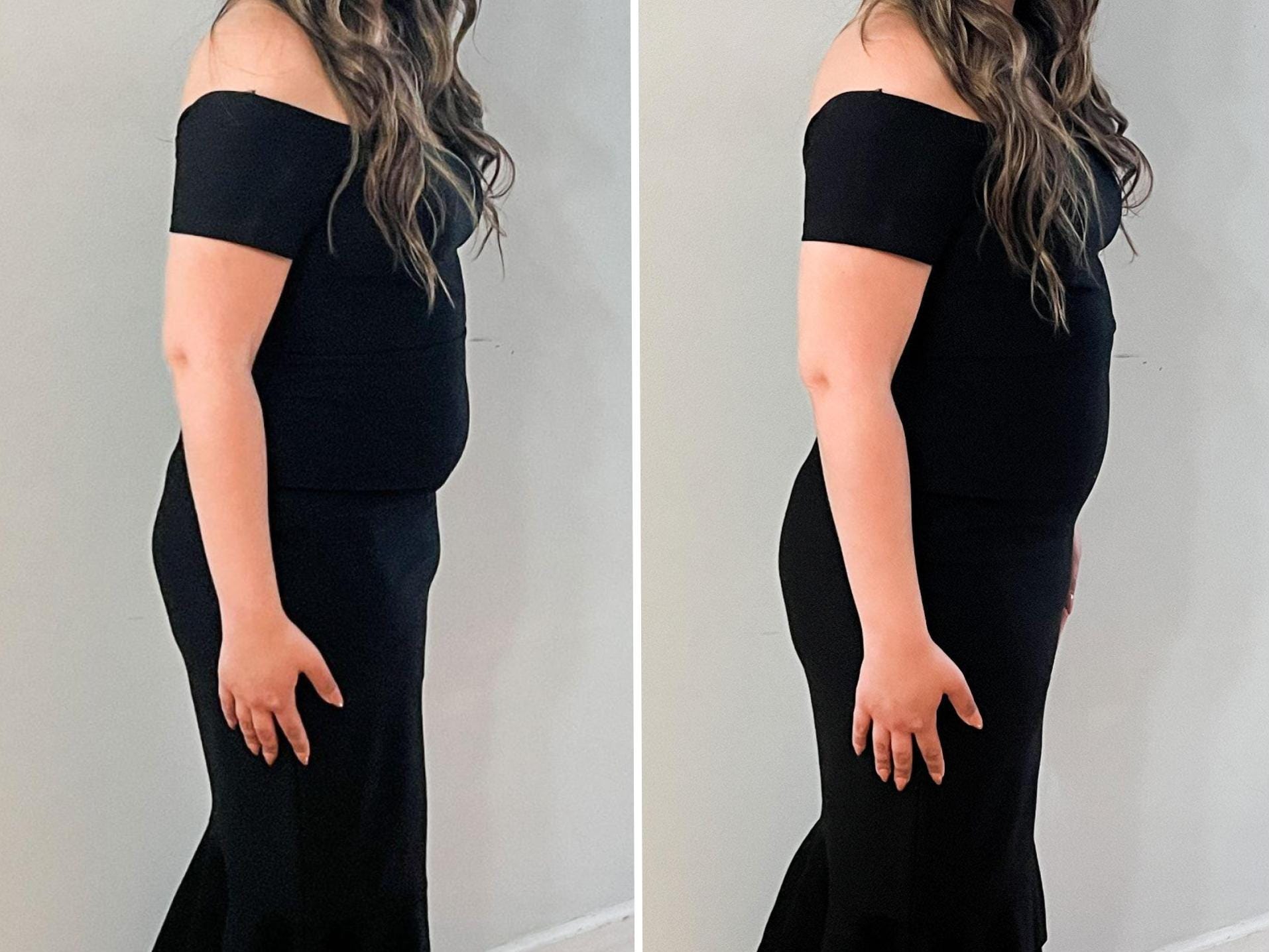 A composite image of Stephanie turned to the side, wearing a tight black dress with and without shapewear.