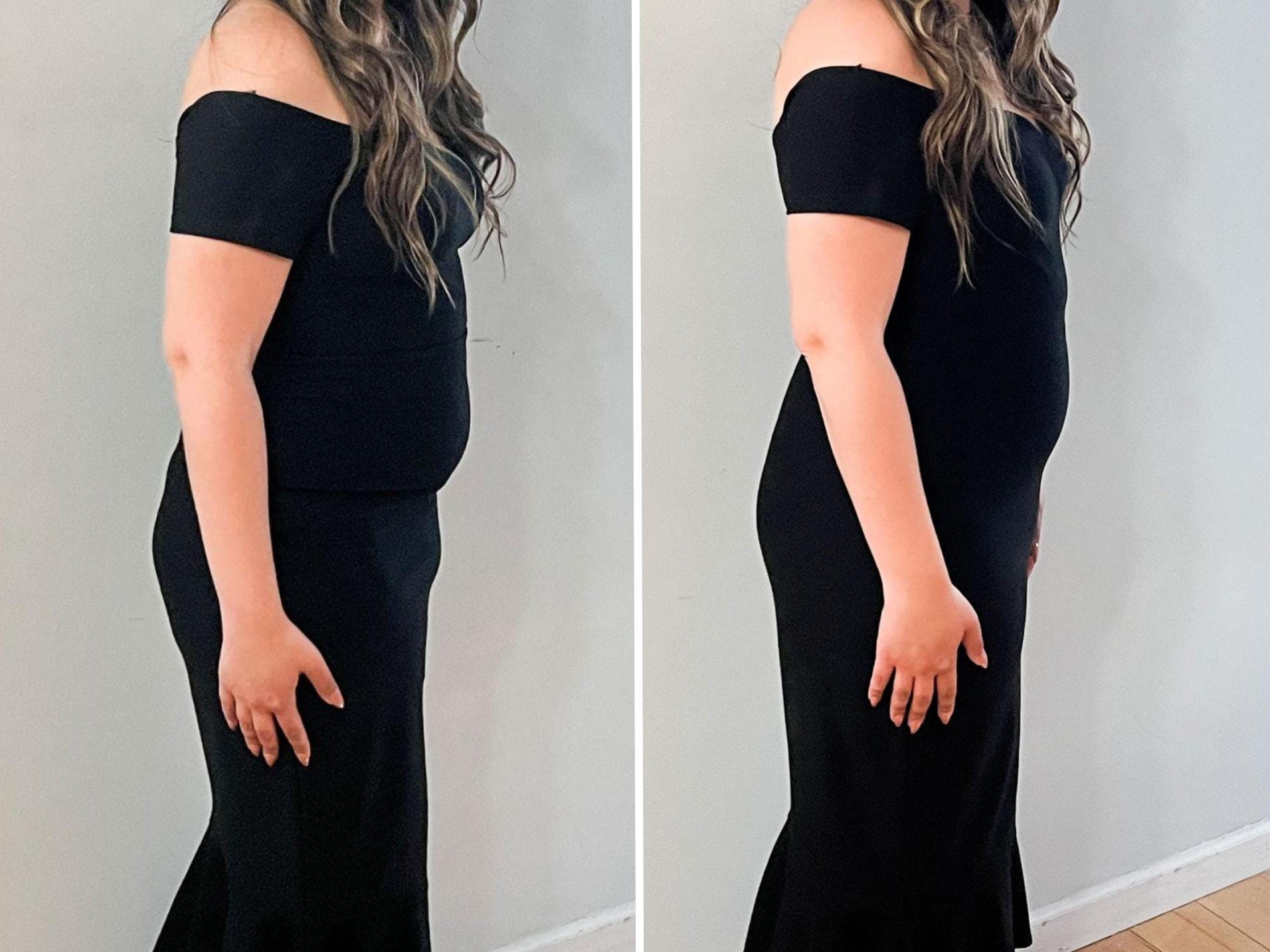 A composite image of Stephanie turned to the side, wearing a tight black dress with and without shapewear.