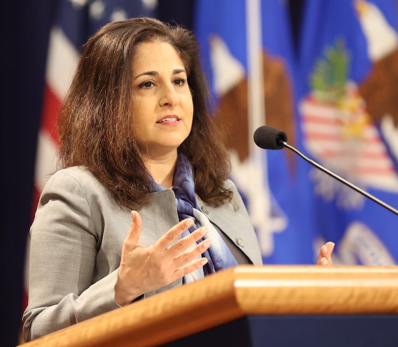 Neera Tanden, Director of the Domestic Policy Council of the United States, gives the closing remarks during the Brown v. Board of Education 70th Anniversary Commemoration at the Robert F. Kennedy Main Justice Building on May 14, 2024 in Washington, DC.