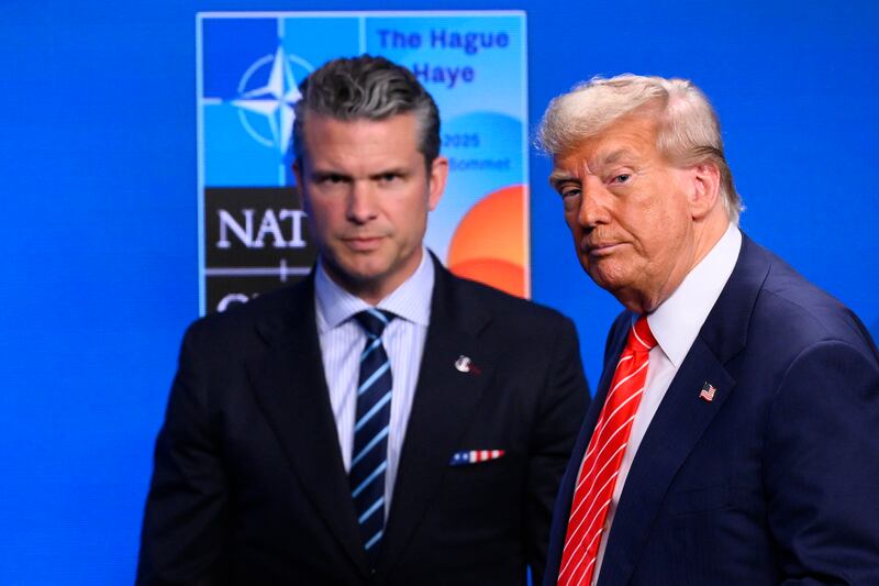 President Donald Trump with Defense Secretary Pete Hegseth at a press conference during the NATO summit in The Hague on June 25, 2025.