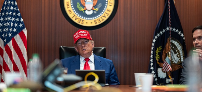 In this handout provided by the White House, President Donald Trump and Secretary of State Marco Rubio sit in the Situation Room on June 21, 2025.