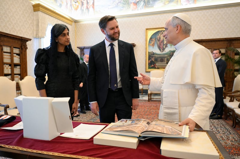 Pope Leo XIV meets with Vice President JD Vance and his wife Usha Vance, on May 19, 2025 in Vatican City, Vatican.