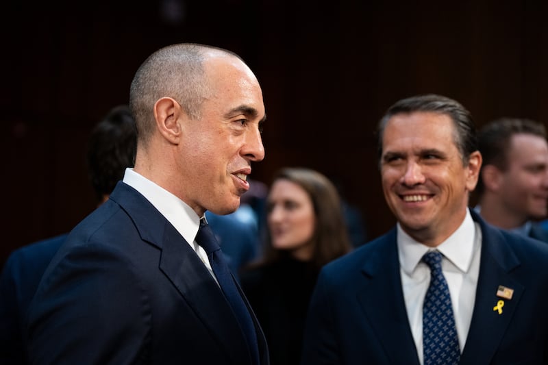 Deputy Attorney General Todd Blanche, pictured standing with Emil Bove before his confirmation hearing on June 25, 2025, slammed the accusations in the whistleblower complaint.