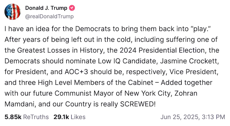 Trump attacked Top Democrats, including Jasmine Crockett and Alexandria Ocasio-Cortez, during his Truth Social rant at Zohran Mamdani.