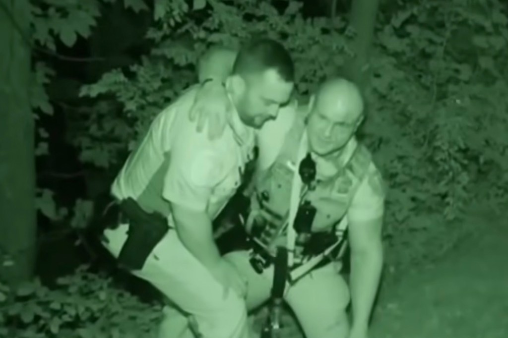 Sheriff's deputy being assisted in the woods at night.