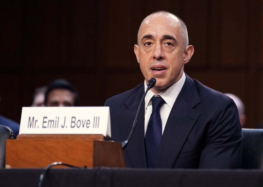Emil J. Bove III testifying at a Senate Judiciary Committee hearing.