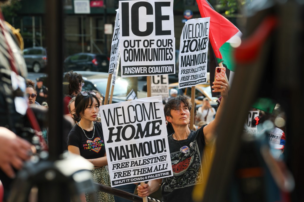 Protesters take part in a rally for Mahmoud Khalil outside the Cathedral of St. John the Divine in Manhattan on June 22, 2025.