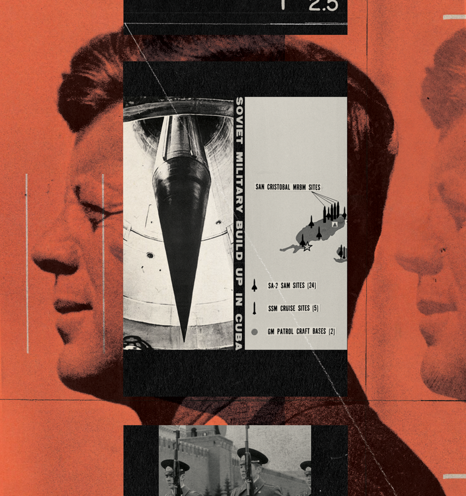 A photo collage in red, white, and black with an image of John F. Kennedy in side profile layered with military imagery
