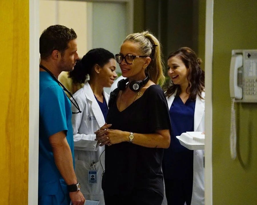 Victoria Mahoney standing on set