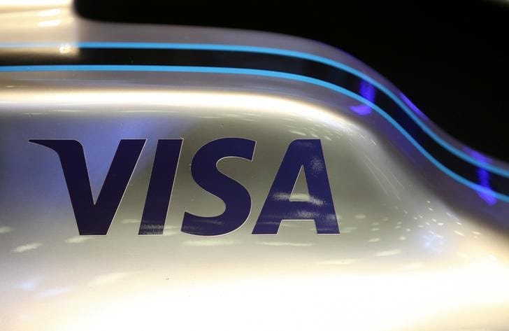 A Visa logo is seen on a Formula E racing car during a news conference to present the partnership between Enel Group and FIA Formula E Championship at the MAXXI National Museum in Rome, Italy May 17, 2016 REUTERS/Alessandro Bianchi